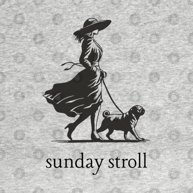 Sunday Stroll Pug T-Shirt | Vintage Elegant Woman Walking Dog Tee by TuncGK
