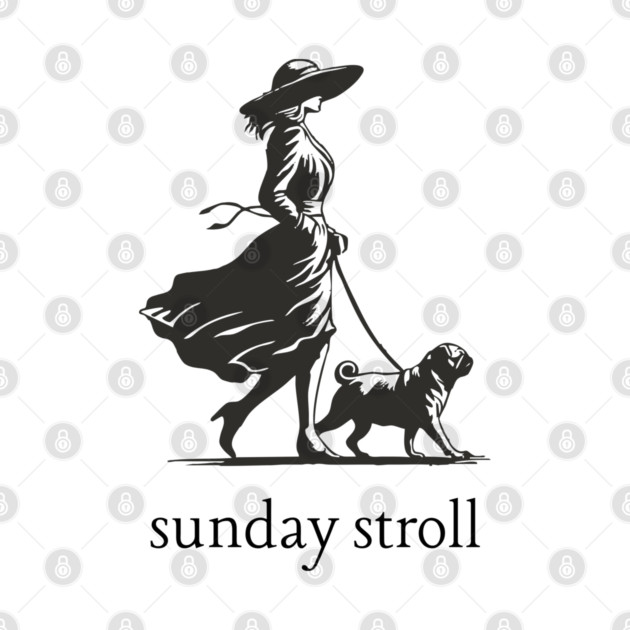 Sunday Stroll Pug T-Shirt | Vintage Elegant Woman Walking Dog Tee by TuncGK