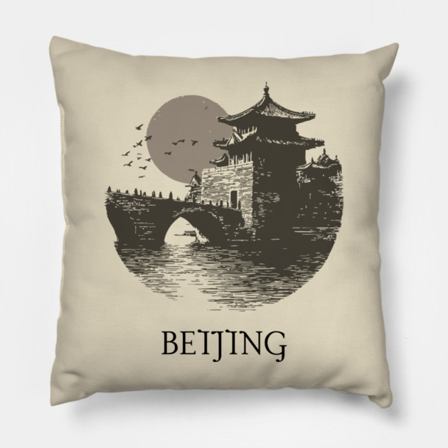 Beijing T-Shirt | Vintage Chinese Pagoda & Bridge Illustration Tee Pillow by TuncGK