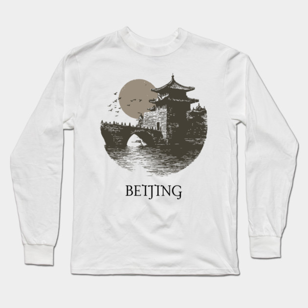 Beijing T-Shirt | Vintage Chinese Pagoda & Bridge Illustration Tee Long Sleeve T-Shirt by TuncGK
