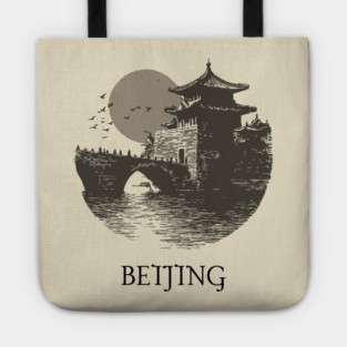 Beijing T-Shirt | Vintage Chinese Pagoda & Bridge Illustration Tee Tote