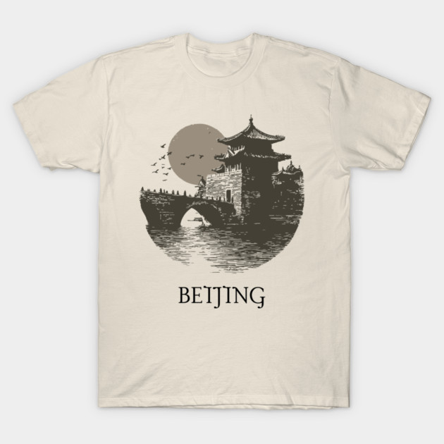 Beijing T-Shirt | Vintage Chinese Pagoda & Bridge Illustration Tee T-Shirt by TuncGK