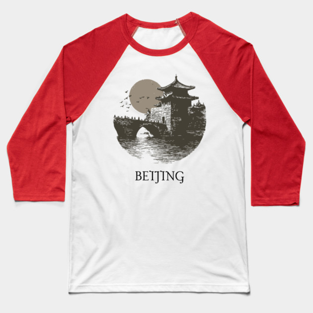 Beijing T-Shirt | Vintage Chinese Pagoda & Bridge Illustration Tee Baseball T-Shirt by TuncGK