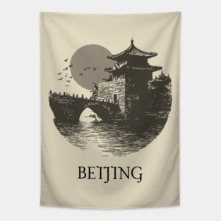 Beijing T-Shirt | Vintage Chinese Pagoda & Bridge Illustration Tee Tapestry