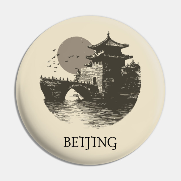 Beijing T-Shirt | Vintage Chinese Pagoda & Bridge Illustration Tee Pin by TuncGK