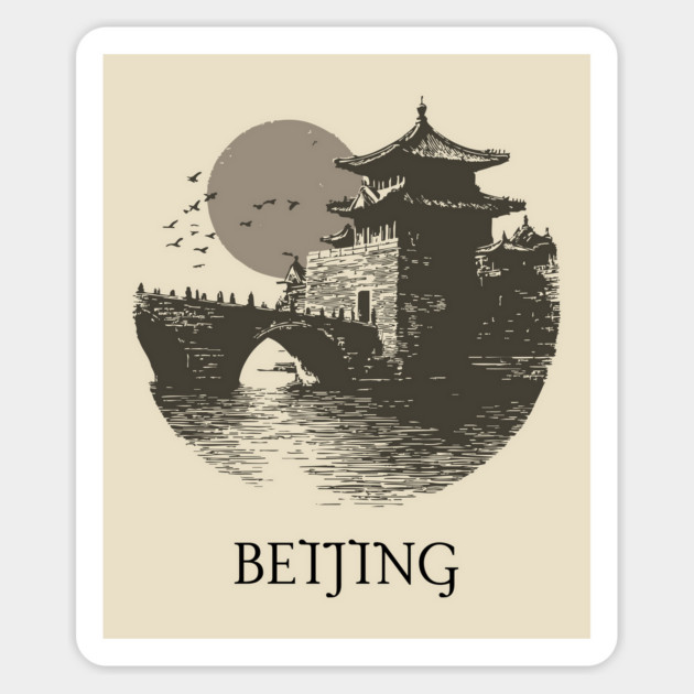 Beijing T-Shirt | Vintage Chinese Pagoda & Bridge Illustration Tee Magnet by TuncGK