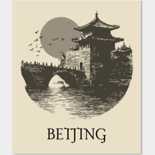 Beijing T-Shirt | Vintage Chinese Pagoda & Bridge Illustration Tee Posters and Art