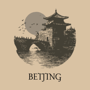 Beijing T-Shirt | Vintage Chinese Pagoda & Bridge Illustration Tee T-Shirt