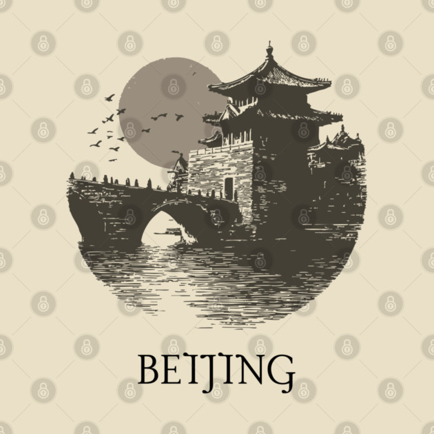 Beijing T-Shirt | Vintage Chinese Pagoda & Bridge Illustration Tee by TuncGK
