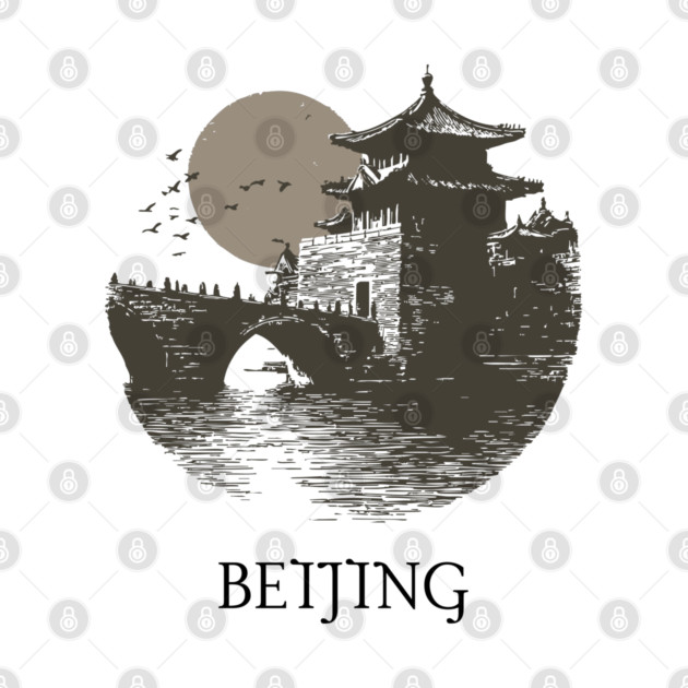 Beijing T-Shirt | Vintage Chinese Pagoda & Bridge Illustration Tee by TuncGK