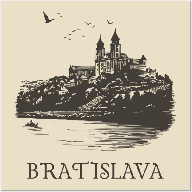 Bratislava T-Shirt | Vintage Slovakia Castle & Danube River Tee Wall Art by TuncGK