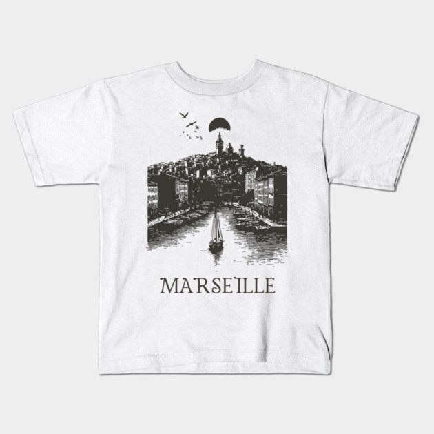 Marseille Vintage Woodcut | Retro South of France Harbor View Kids T-Shirt by TuncGK