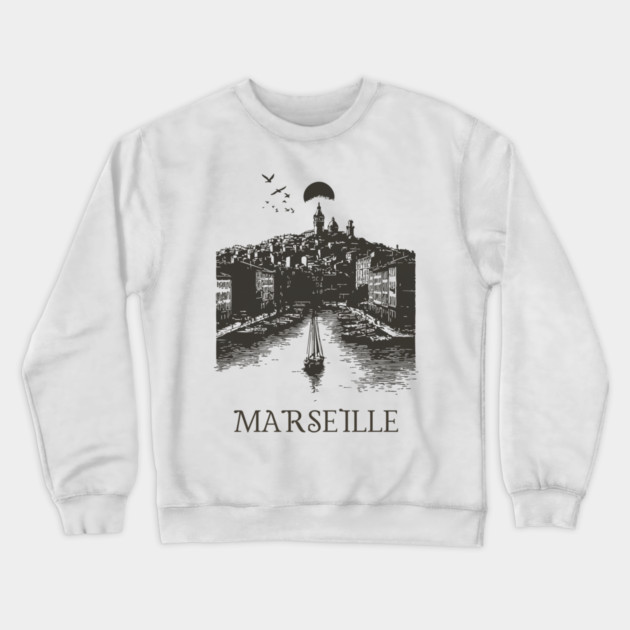 Marseille Vintage Woodcut | Retro South of France Harbor View Crewneck Sweatshirt by TuncGK