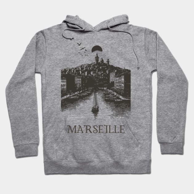 Marseille Vintage Woodcut | Retro South of France Harbor View Hoodie by TuncGK