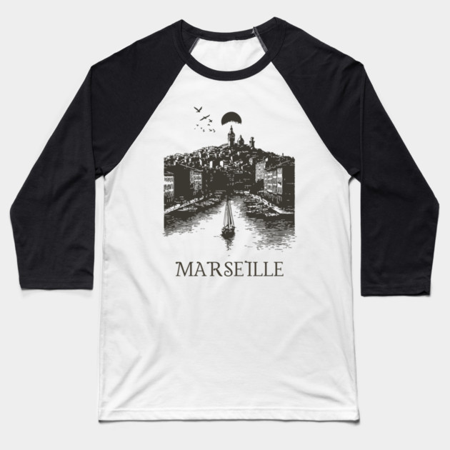 Marseille Vintage Woodcut | Retro South of France Harbor View Baseball T-Shirt by TuncGK