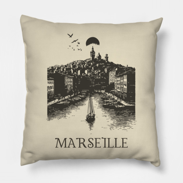 Marseille Vintage Woodcut | Retro South of France Harbor View Pillow by TuncGK