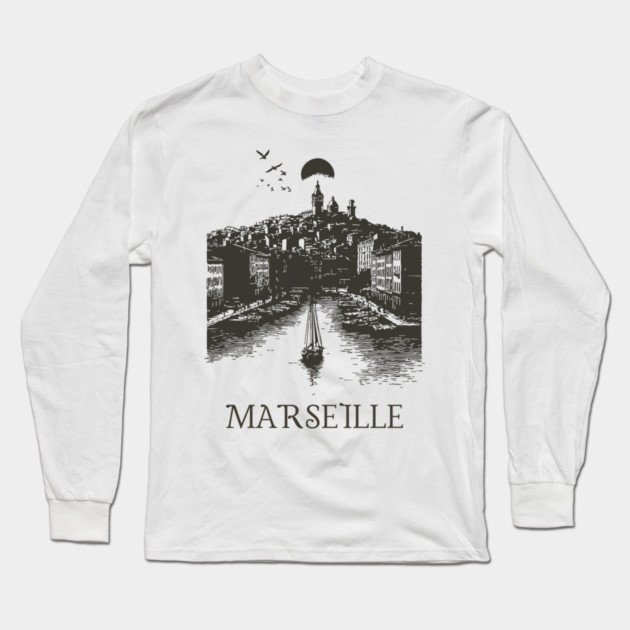 Marseille Vintage Woodcut | Retro South of France Harbor View Long Sleeve T-Shirt by TuncGK