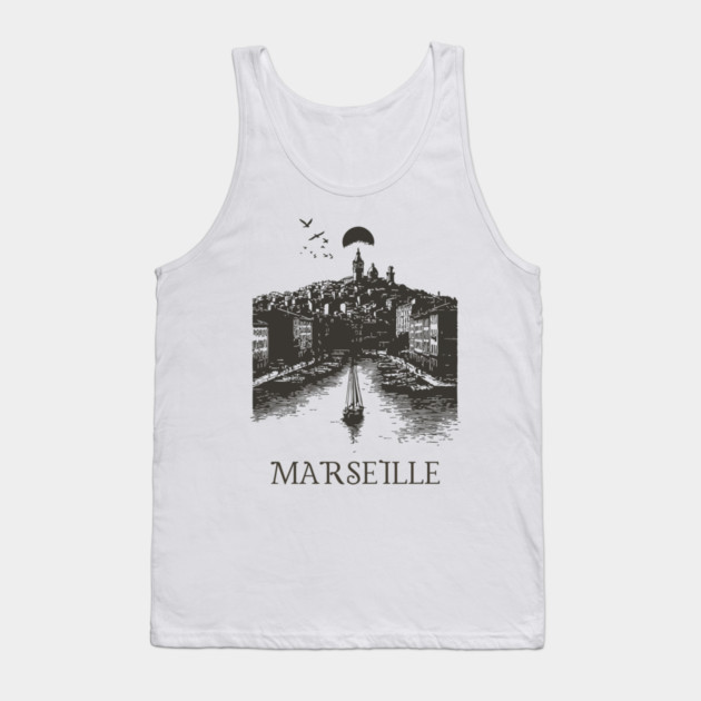 Marseille Vintage Woodcut | Retro South of France Harbor View Tank Top by TuncGK