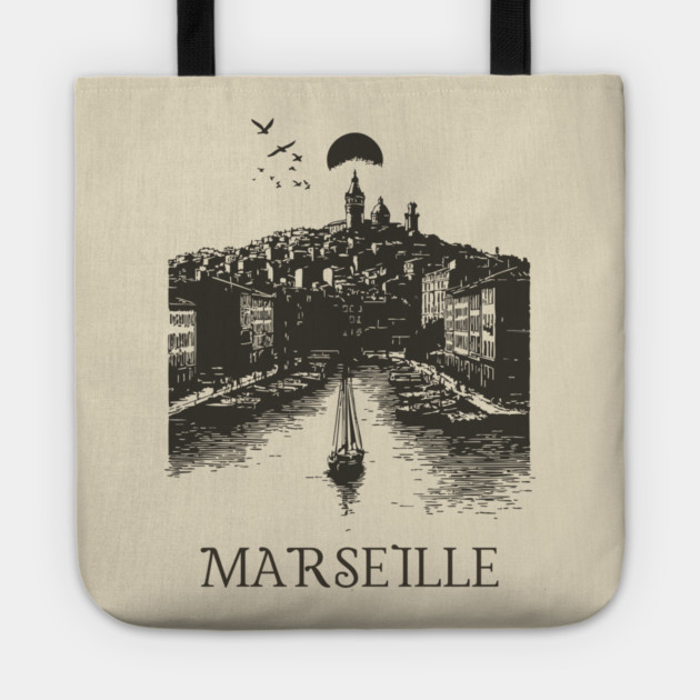 Marseille Vintage Woodcut | Retro South of France Harbor View Tote by TuncGK