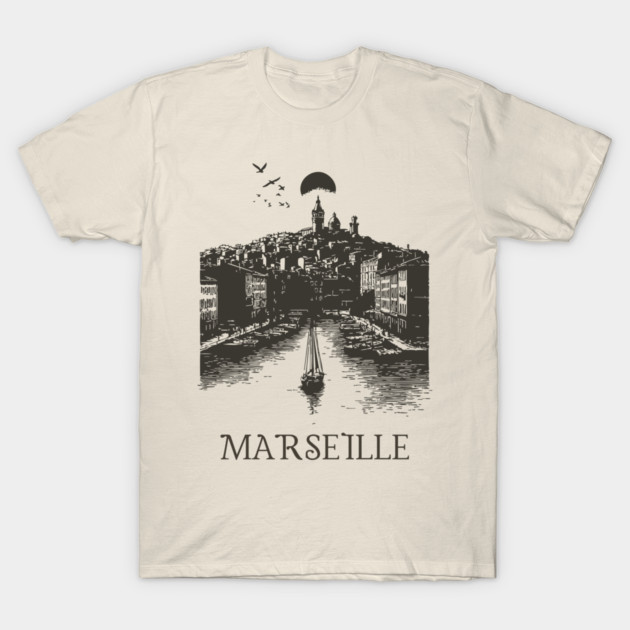 Marseille Vintage Woodcut | Retro South of France Harbor View T-Shirt by TuncGK