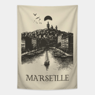 Marseille Vintage Woodcut | Retro South of France Harbor View Tapestry