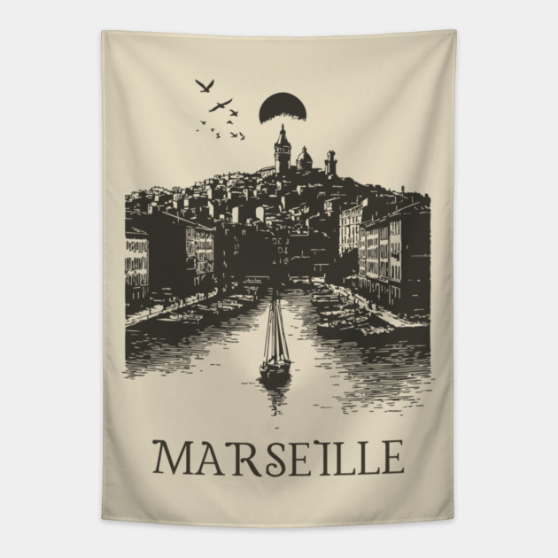 Marseille Vintage Woodcut | Retro South of France Harbor View Tapestry by TuncGK