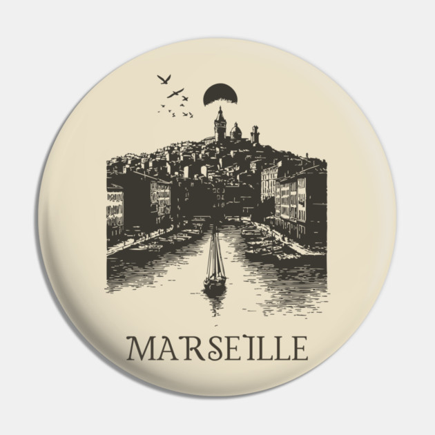 Marseille Vintage Woodcut | Retro South of France Harbor View Pin by TuncGK