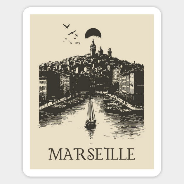 Marseille Vintage Woodcut | Retro South of France Harbor View Magnet by TuncGK