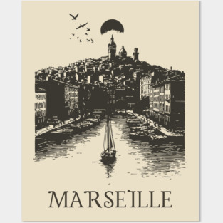 Marseille Vintage Woodcut | Retro South of France Harbor View Posters and Art