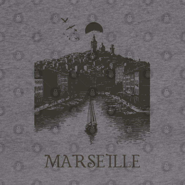 Marseille Vintage Woodcut | Retro South of France Harbor View by TuncGK