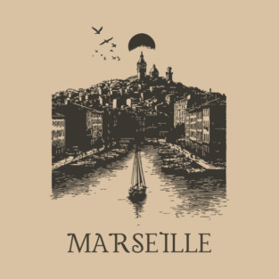 Marseille Vintage Woodcut | Retro South of France Harbor View T-Shirt