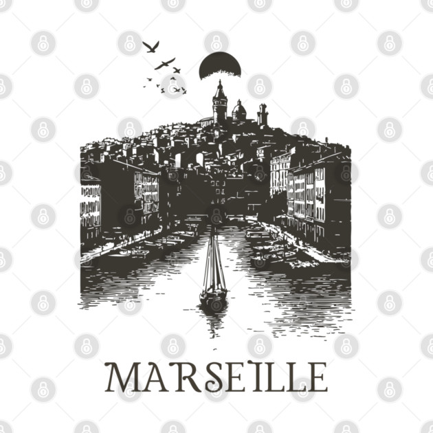 Marseille Vintage Woodcut | Retro South of France Harbor View by TuncGK