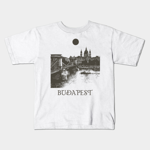 Budapest Woodcut | Vintage Hungarian Parliament & Chain Bridge Kids T-Shirt by TuncGK