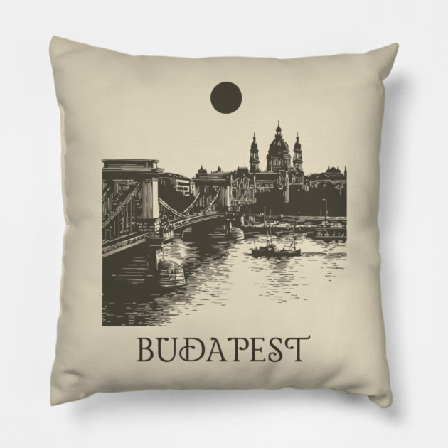 Budapest Woodcut | Vintage Hungarian Parliament & Chain Bridge Pillow by TuncGK
