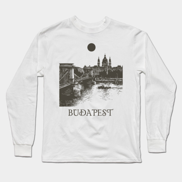 Budapest Woodcut | Vintage Hungarian Parliament & Chain Bridge Long Sleeve T-Shirt by TuncGK