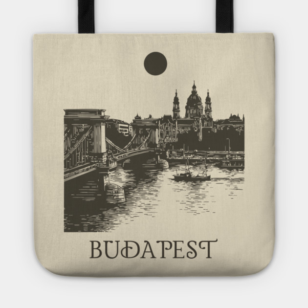 Budapest Woodcut | Vintage Hungarian Parliament & Chain Bridge Tote by TuncGK