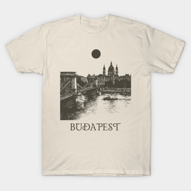 Budapest Woodcut | Vintage Hungarian Parliament & Chain Bridge T-Shirt by TuncGK