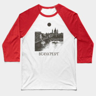 Budapest Woodcut | Vintage Hungarian Parliament & Chain Bridge Baseball T-Shirt
