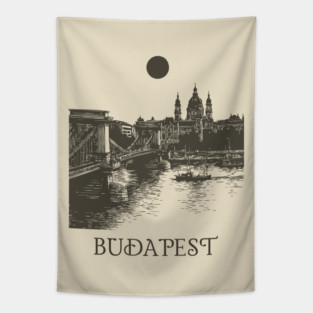 Budapest Woodcut | Vintage Hungarian Parliament & Chain Bridge Tapestry