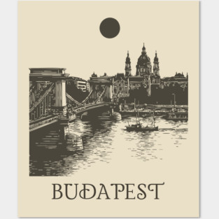 Budapest Woodcut | Vintage Hungarian Parliament & Chain Bridge Posters and Art