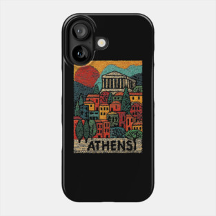 Athens Greece Vintage Embroidered Travel Poster | Retro Greek Landmark Souvenir Phone Case