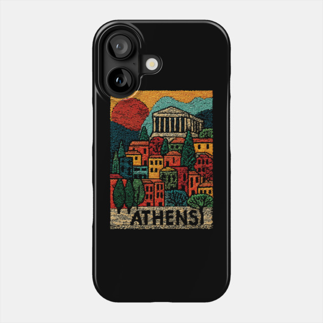 Athens Greece Vintage Embroidered Travel Poster | Retro Greek Landmark Souvenir Phone Case by TuncGK
