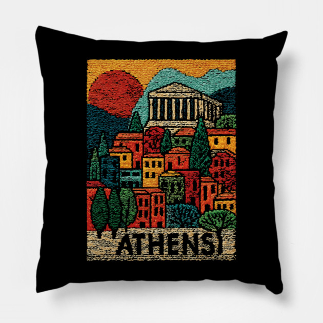 Athens Greece Vintage Embroidered Travel Poster | Retro Greek Landmark Souvenir Pillow by TuncGK