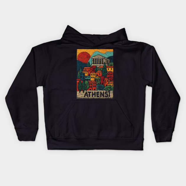 Athens Greece Vintage Embroidered Travel Poster | Retro Greek Landmark Souvenir Kids Hoodie by TuncGK