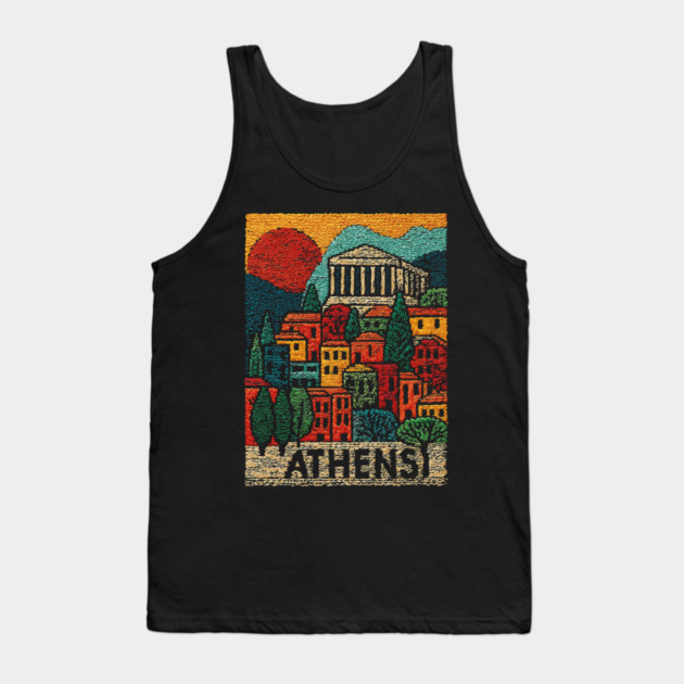 Athens Greece Vintage Embroidered Travel Poster | Retro Greek Landmark Souvenir Tank Top by TuncGK