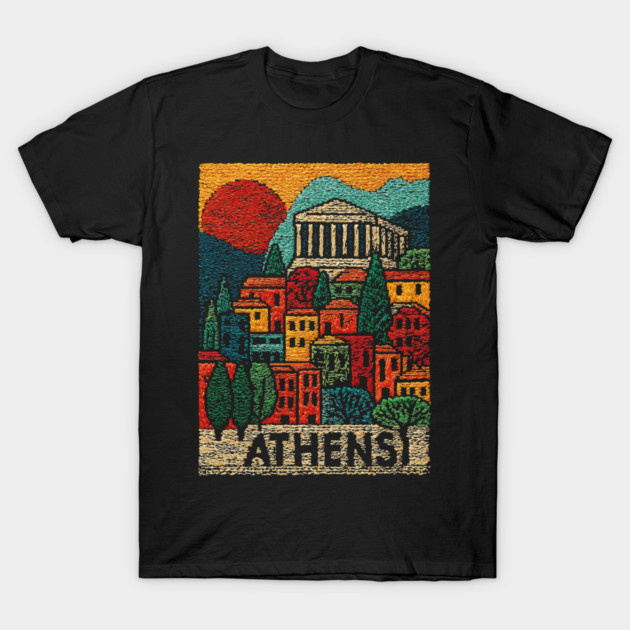 Athens Greece Vintage Embroidered Travel Poster | Retro Greek Landmark Souvenir T-Shirt by TuncGK