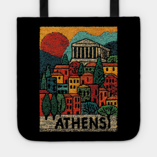 Athens Greece Vintage Embroidered Travel Poster | Retro Greek Landmark Souvenir Tote