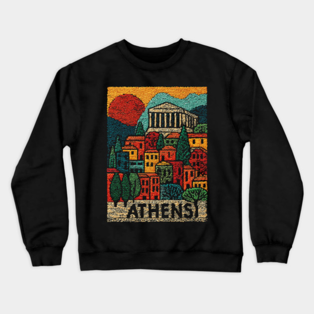 Athens Greece Vintage Embroidered Travel Poster | Retro Greek Landmark Souvenir Crewneck Sweatshirt by TuncGK