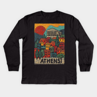 Athens Greece Vintage Embroidered Travel Poster | Retro Greek Landmark Souvenir Kids Long Sleeve T-Shirt