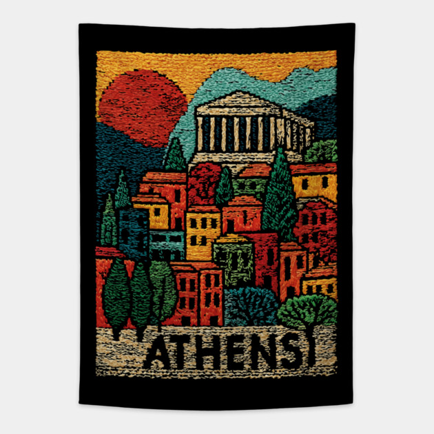 Athens Greece Vintage Embroidered Travel Poster | Retro Greek Landmark Souvenir Tapestry by TuncGK